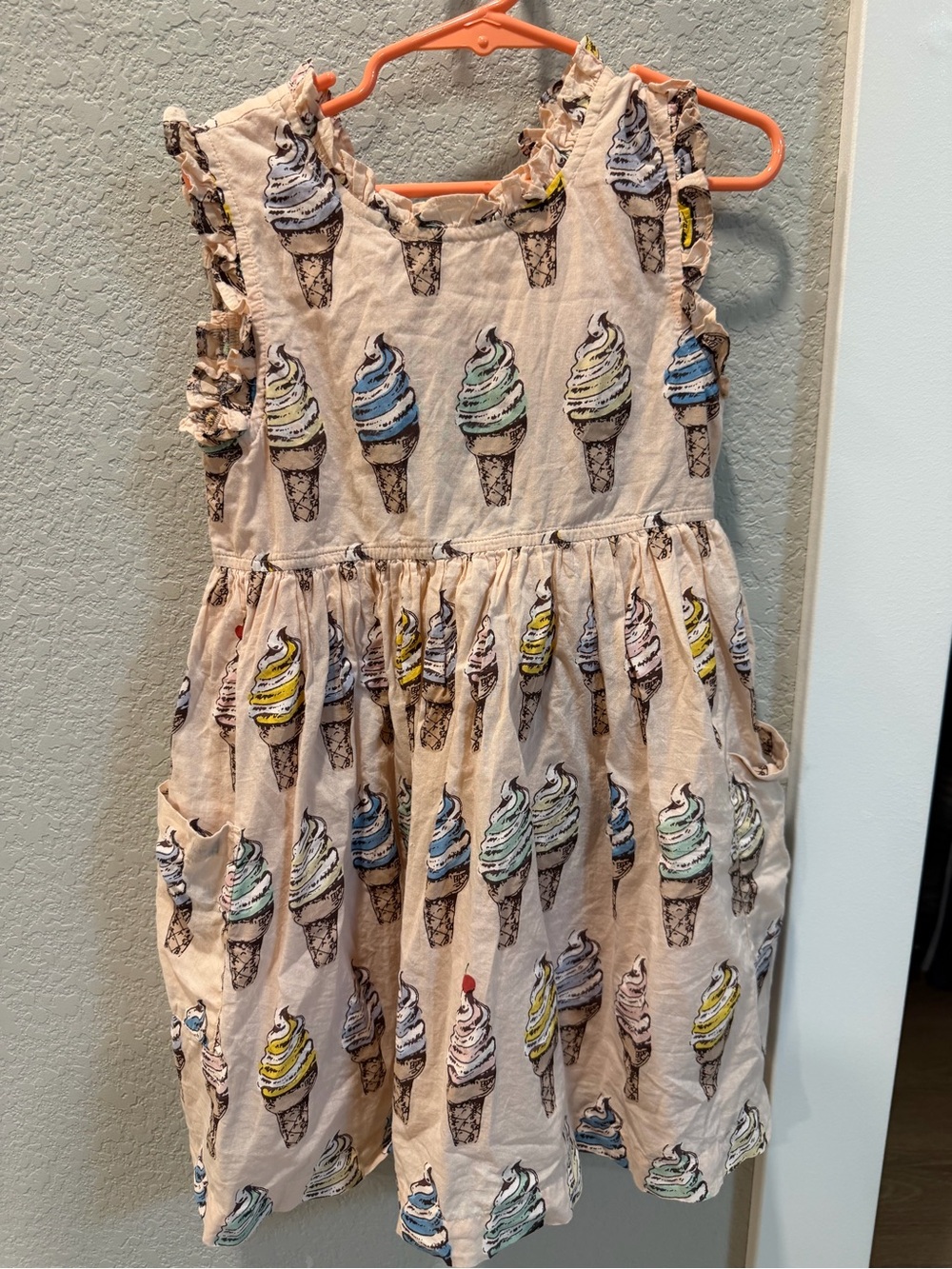 Pink Chicken Ice Cream Print Ruffle Sleeve Dress - Cream with Multicolor Cones